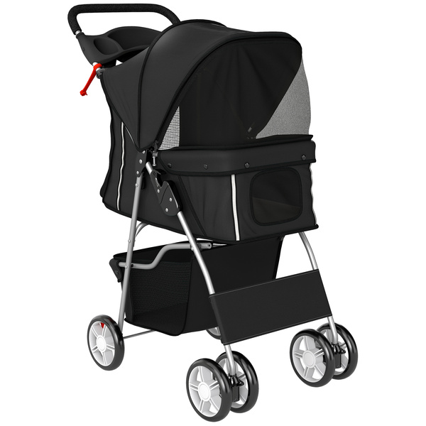 PawHut Dog Pram, Pet Stroller with Reflective Strips, Foldable Cat Stroller with 360° Swivel Wheels, Black