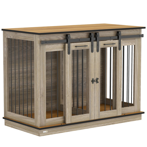PawHut Dog Crate Furniture for Large Dogs, Double Dog Cage for Small Dogs, with Sliding Doors - Oak Tone