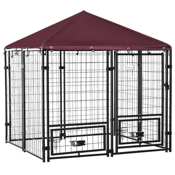 PawHut Outdoor Dog Kennel with Rotating Bowl Holders, Water and UV-Resistant Cover, for Medium, Small Dogs, Red