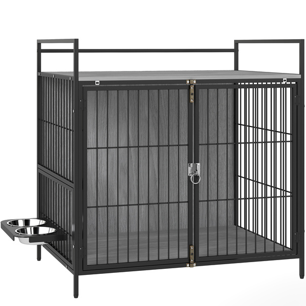 PawHut Dog Crate Furniture with Rotating Bowl Holder, 2 Bowls, 2 Doors, for Medium Dogs, 80 x 56 x 76.5 cm, Grey