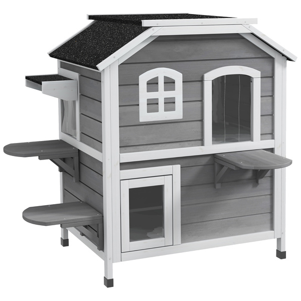 PawHut 2-story Cat House Outdoor, Weatherproof Wooden Cat Enclosure for Feral Cats with Escape Door, Openable Roof, Jumping Platforms, Grey