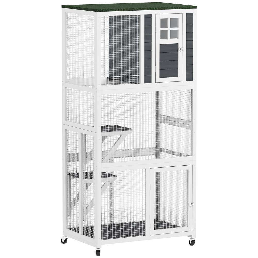 PawHut Wooden Catio Cat Outdoor Enclosure, Cat Cage with Waterproof Roof, Platforms, for Multiple Cats, White