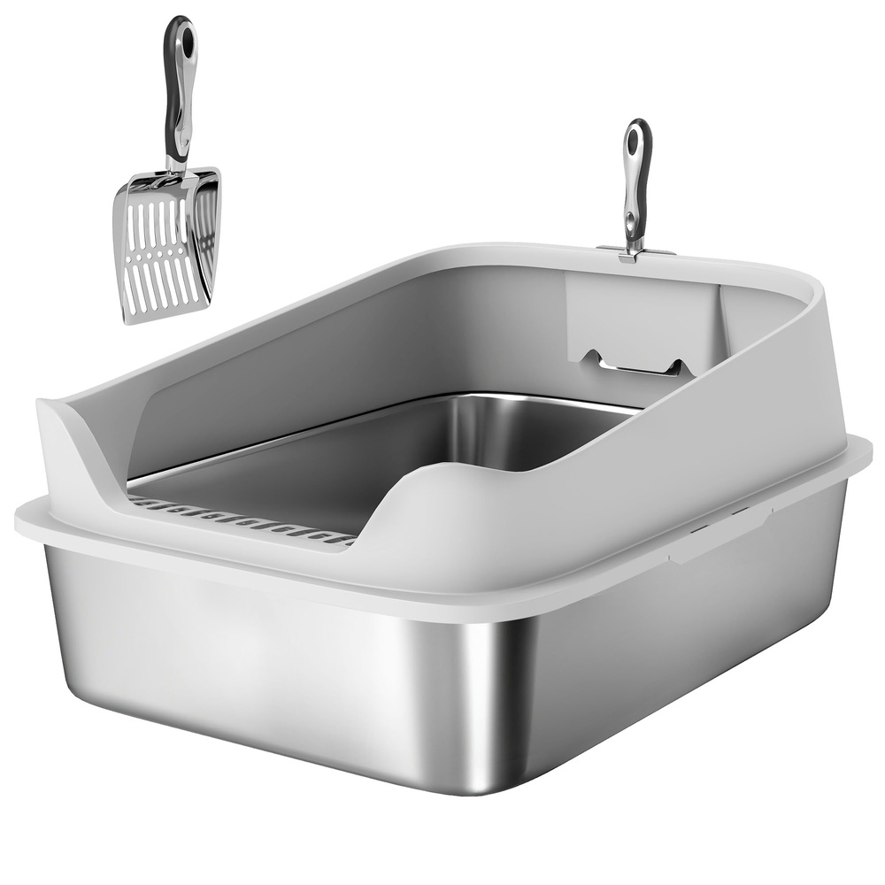PawHut XXL Stainless Steel Cat Litter Box with High Sides, Metal Scoop, 70 x 50 x 30 cm
