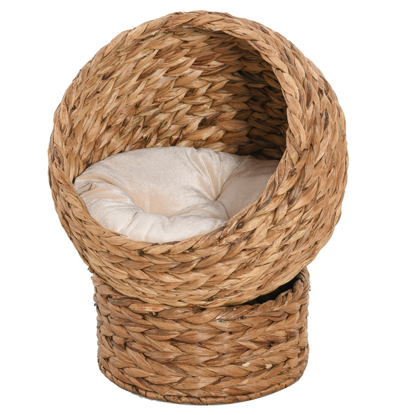 PawHut Wicker Cat Bed, Raised Rattan Cat Basket with Cylindrical Base, Soft Washable Cushion, 40 x 37 x 51 cm - Brown