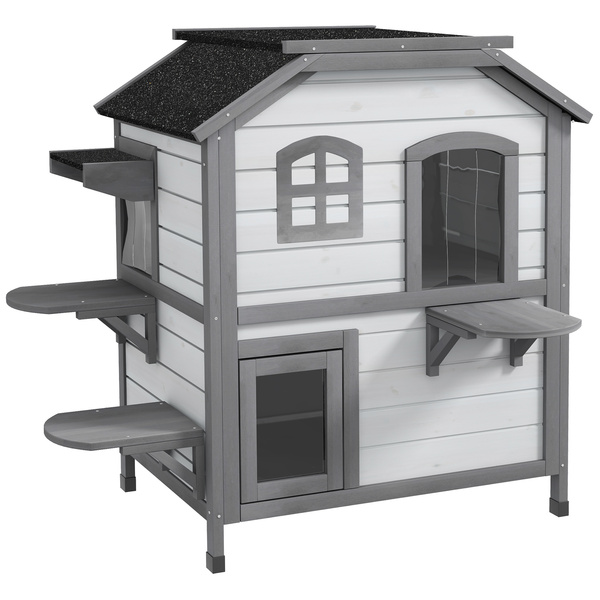 PawHut 2-Story Indoor or Outdoor Cat House W/ Escape Door, Cat Shelter, White