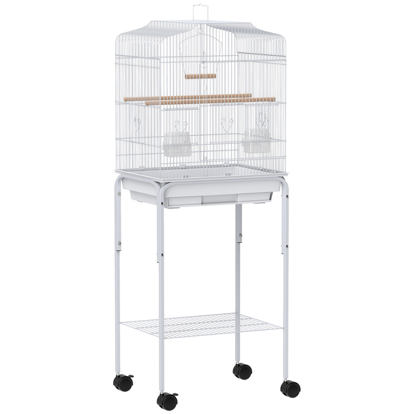 PawHut Bird Cage Budgie Cages for Finch Canary Parakeet with Stand Wheels Slide-out Tray Accessories Storage Shelf, White