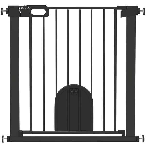 PawHut Dog Gate with Cat Flap Pet Safety Gate Barrier, Stair Pressure Fit, Auto Close, Double Locking, for Doorways, Hallways, 75-82 cm Black