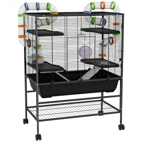PawHut Large Hamster Cage, Gerbil Cage with Tubes, Storage Shelf, Ramps, Platforms, Running Wheel - Black