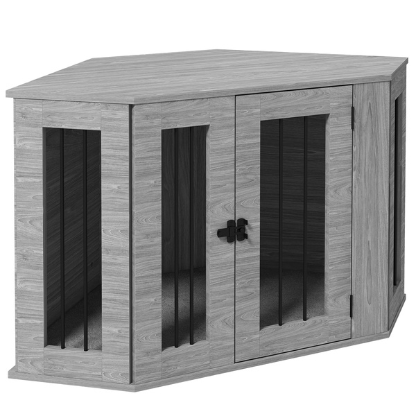 PawHut 2 in 1 Dog Crate Furniture Side Table with Cushion for Medium Dogs, 104 x 55 x 63cm - Grey