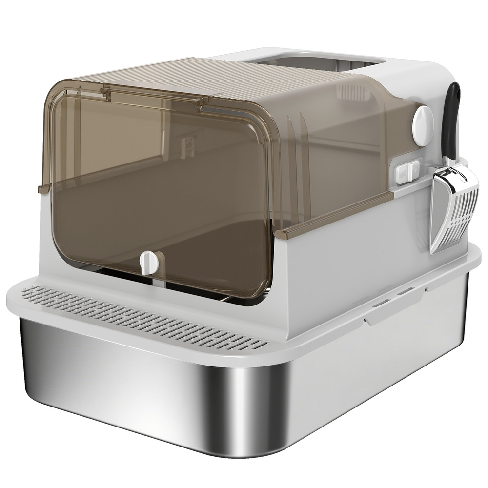 PawHut XXL Stainless Steel Cat Litter Tray, Enclosed Cat Litter Box with 90° Flip Cover, Double Doors, Scoop, Easy Clean, Grey
