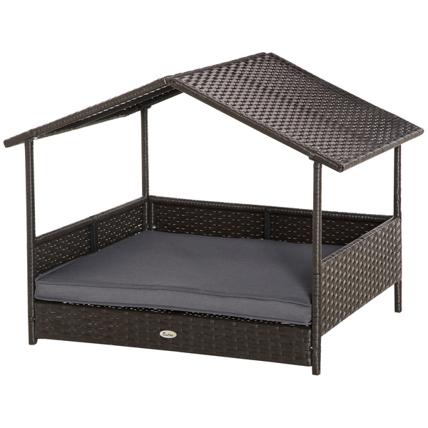 PawHut Wicker Dog Bed, Elevated Rattan Dog House with Removable Cushion and Canopy, for Small and Medium Dogs, 98 x 69 x 70cm - Grey