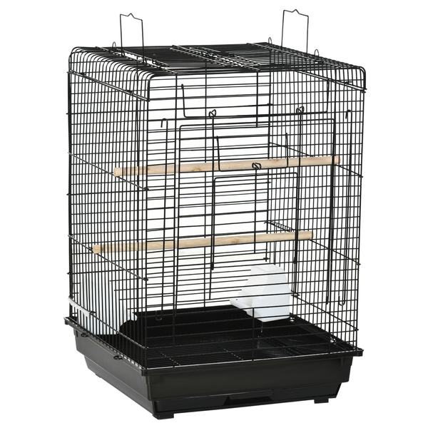PawHut Steel Bird Cage with Openable Top, Stand, Tray, Handles, Feeding Bowls for Parakeet, Finch - Black