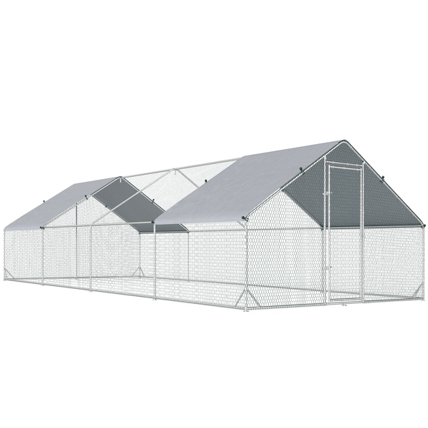 PawHut Chicken Run Galvanised Walk-in Chicken Coop Hen Poultry House Cage Rabbit Hutch with Water-Resist Cover, 3 x 8 x 2m