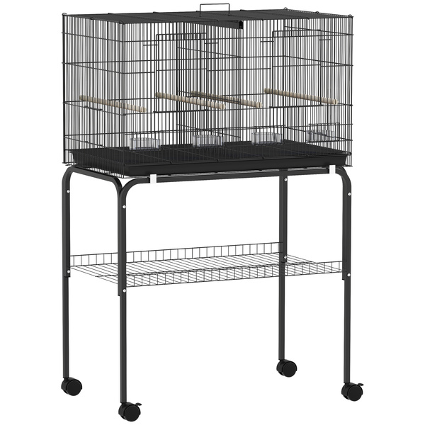 PawHut Bird Cage with Divider, 4 Wooden Perches, Slide Out Tray, 4 Feeders, for Budgie, Lovebird, Canary, 76 x 46 x 116cm Black