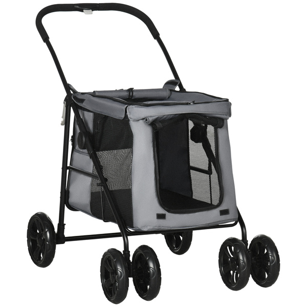 PawHut Dog Pram Dog Stroller 4 Wheels Pet Pushchair with Rolling Door, Cushion, Safety Leashes, for Small and Medium Breeds, Grey