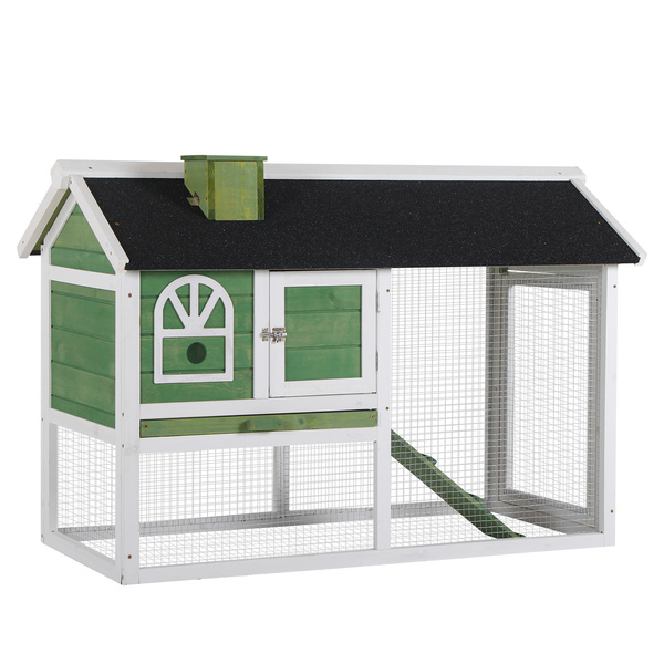 PawHut Wooden Rabbit Hutch and Run with Sliding Tray, Ramp, Water-resistant Roof, for 2-4 Rabbits, Green