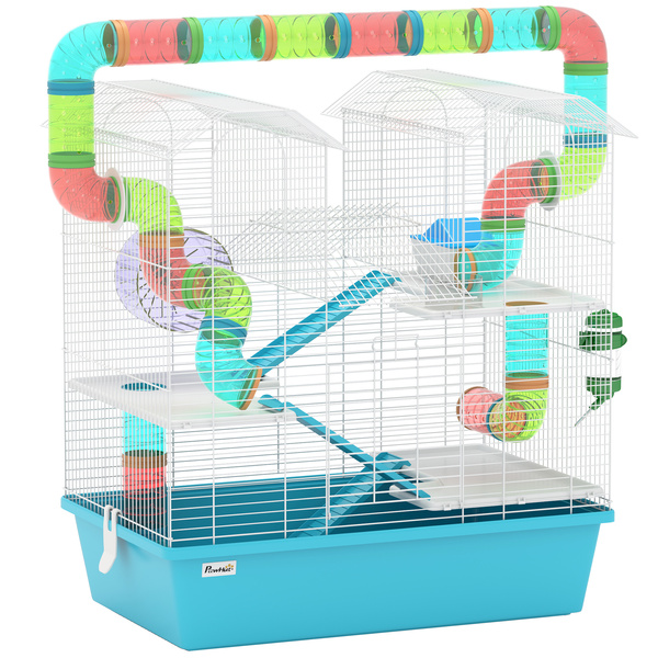 PawHut 4 Tier Hamster Cage w/ Tubes, Exercise Wheel, Hut, Water Bottle, Food Dish, Ramps, for Dwarf Hamster, Light Blue