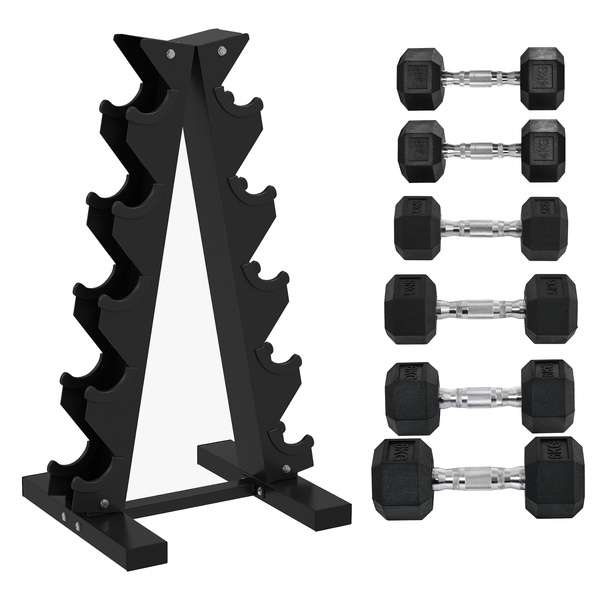 SPORTNOW 5-Tier Dumbbell Rack with 6 Hexagonal Rubber Dumbbells (2x4kg, 2x5kg, 2x6kg), Dumbbell Storage Stand Holder with Weights Sets for Home Gym Fitness, Black