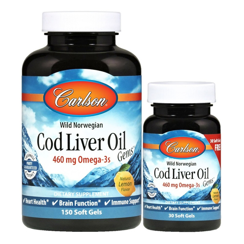 Carlson Labs Wild Norwegian Cod Liver Oil Gems 460mg for Heart Brain and Immune Support 180 Softgels