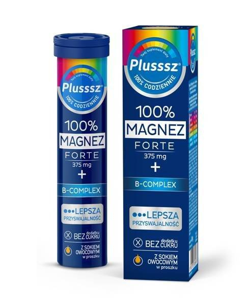 Plusssz 100% Magnesium Forte B Complex for the Heart and Circulatory System Stress and Well-Being Effervescent Tablets with Orange and Grapefruit Flavor 20 Pieces Best Before 20.11.26