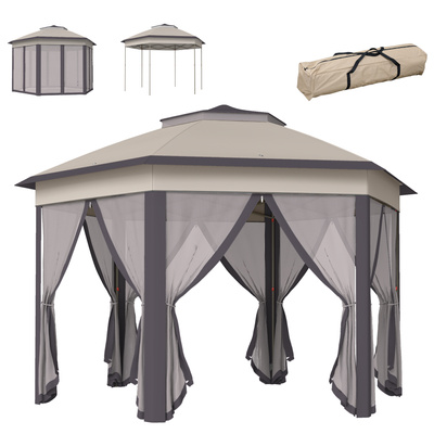 Outsunny 3 x 4m Garden Gazebo Hexagon Pop Up Gazebo Party Tent Canopy Double Roof Instant Shelter with Netting and Carry Bag for Outdoor Patio, Beige