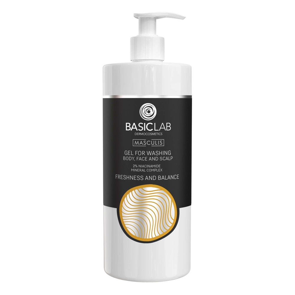 BasicLab Masculis Gel for Washing Body, Face and Scalp 2% Niacinamide Mineral Complex Freshness and Shine for Men 500ml