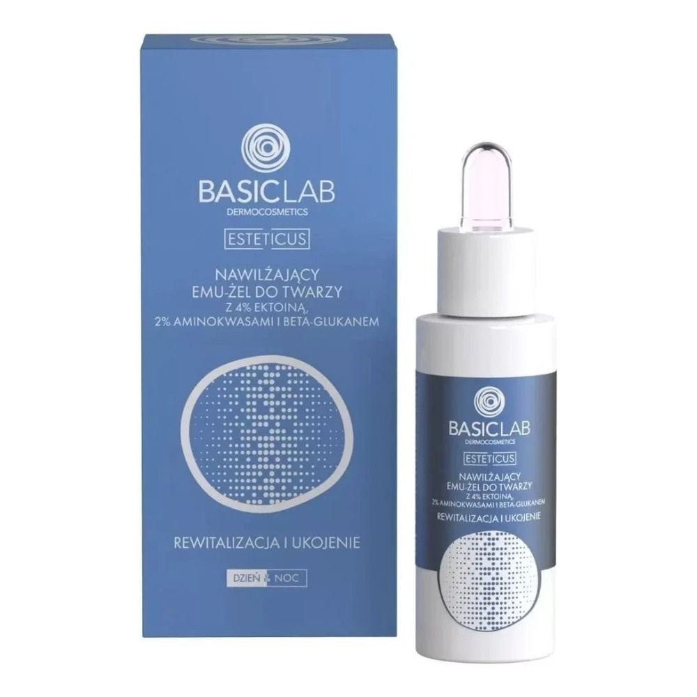 BasicLab Dermocosmetics Moisturizing Emu-Face Gel with 4% Ectoine, 2% Amino Acids and Beta-Glucan Revitalization and Soothing for Day and Night 30ml