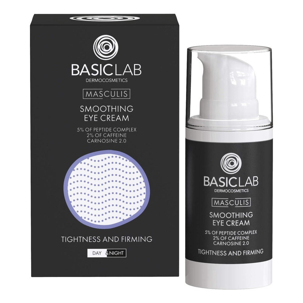 BasicLab Masculis Smoothing Eye Cream 5% Peptide Complex 2% Caffeine 2.0 Carnosine Tension and Firming for Men Day and Night 15ml