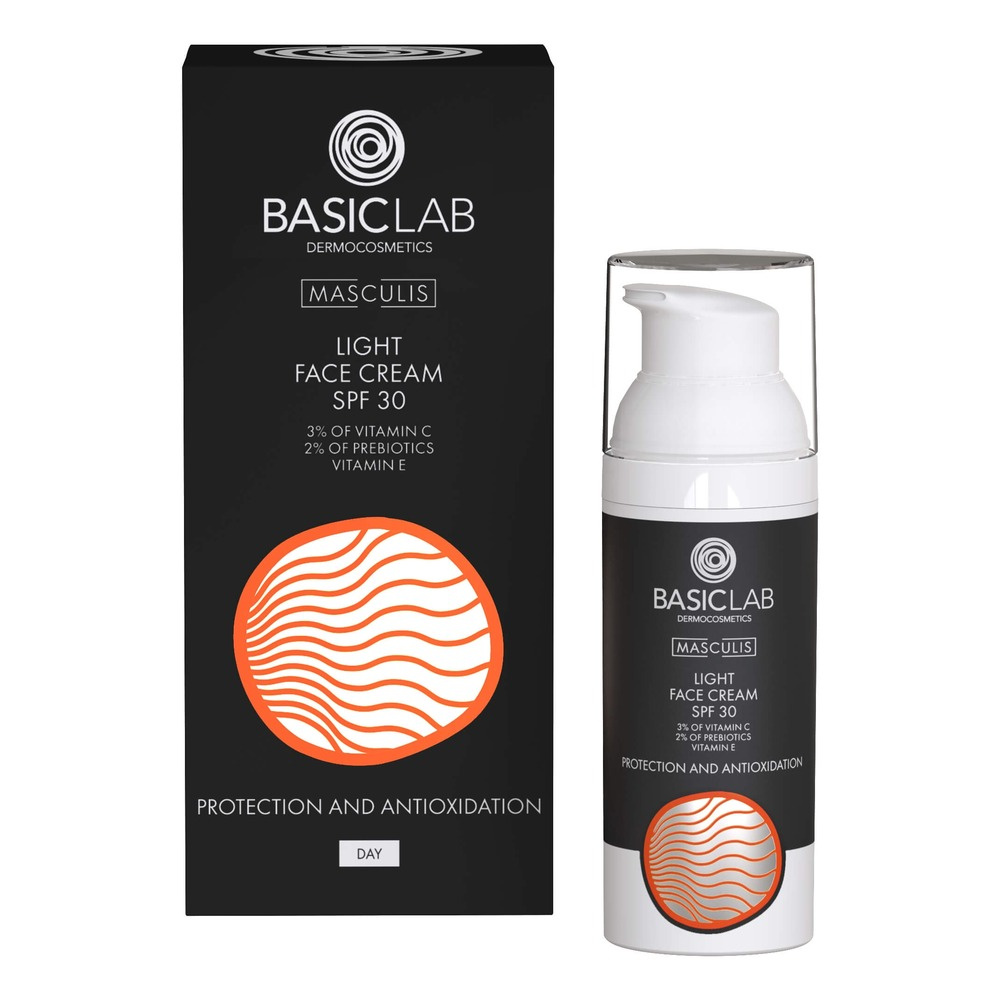 BasicLab Masculis Light Face Cream SPF30 3% Vitamin C 2% Prebiotics Vitamin E Prevention and Antioxidation for Men 50ml