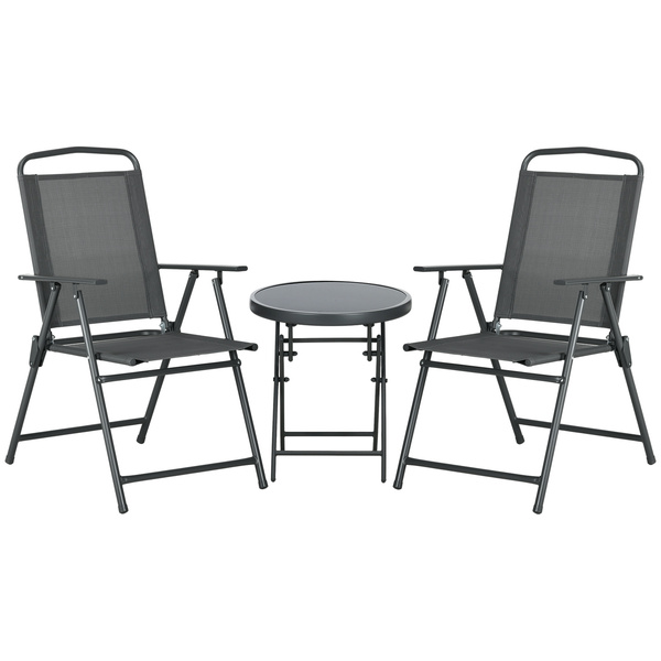 Outsunny Three-Piece Garden Seat Set, with Glass-Top Table - Dark Grey