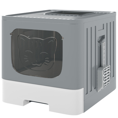 PawHut Foldable Cat Litter Box with Lid, Slide-Out Drawer, Scoop, Easy Clean, Odour Control, Anti-Splashing, Grey