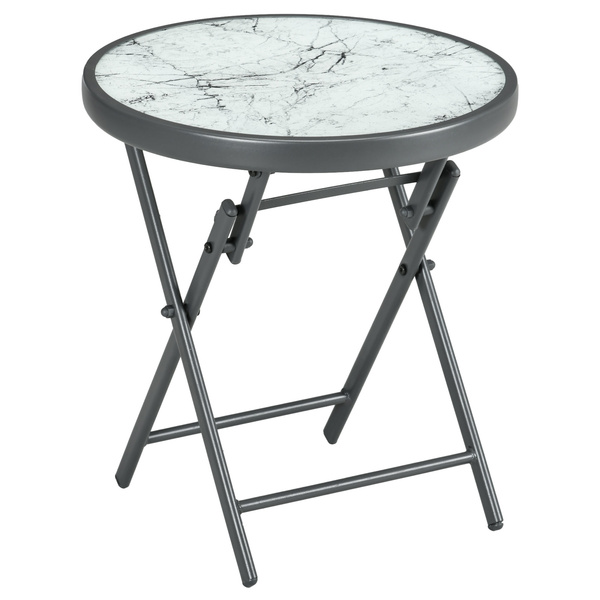 Outsunny Φ45cm Garden Side Table, Outdoor Round Folding Patio Table with Imitation Marble Glass Top, Small Coffee Table, White