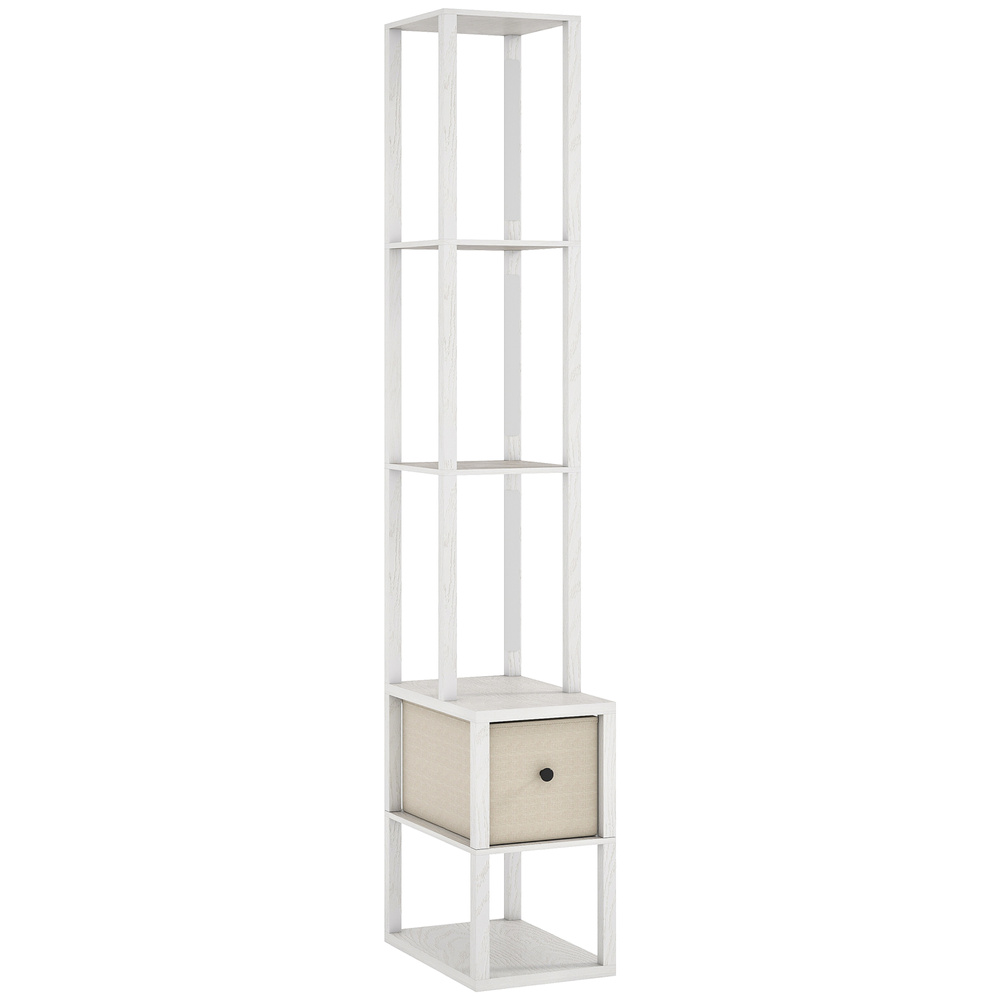 HOMCOM Floor Lamp with Shelves, LED Column Modern Standing Lamp with Fabric Drawer, Adjustable Brightness, Foot Switch for Living Room, Bedroom, Office, White