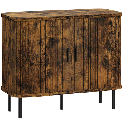 HOMCOM Mid-Century Modern Sideboard Storage Cabinet with Slatted Tambour Sliding Doors, Kitchen Cabinet with Steel Legs, Rustic Brown