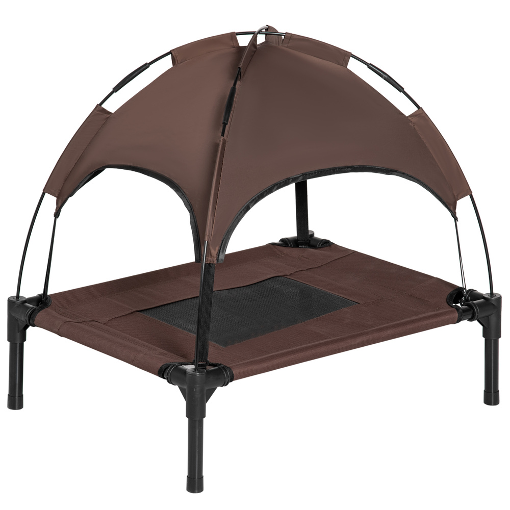 PawHut Raised Dog Bed Waterproof Elevated Pet Cot with Breathable Mesh UV Protection Canopy Brown, for Small Dogs, 61 x 46 x 62cm