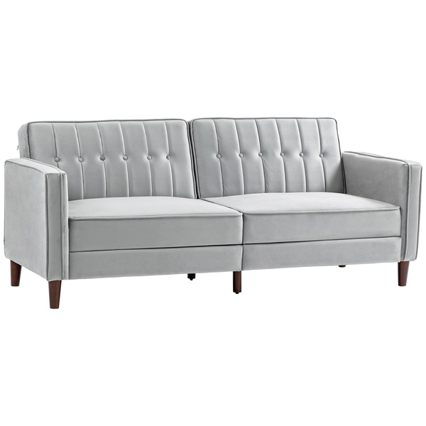 HOMCOM Modern Convertible Sofa Futon Velvet-Touch Tufted Couch with Adjustable Split Back, Light Grey