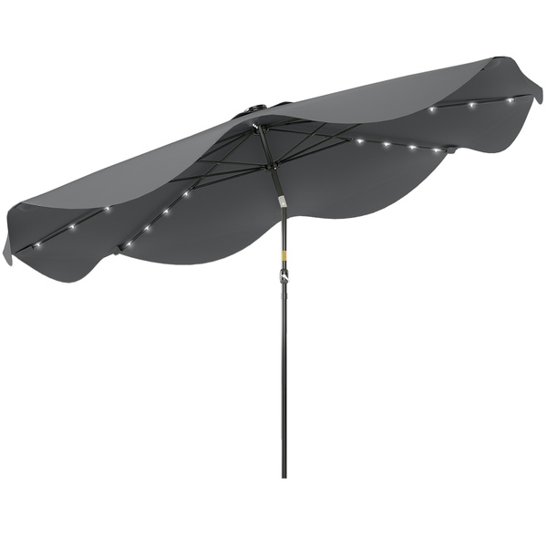Outsunny Solar Patio Umbrella with LED and Tilt, Outdoor Market Table Umbrella Parasol with Crank, 3 x 3 (m), Dark Grey