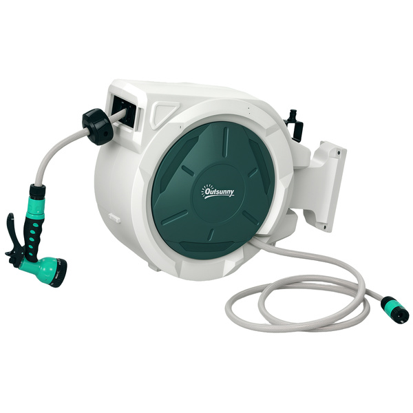 Outsunny Retractable Hose Reel Wall Mounted, 20+2m Garden Hose Pipe Reel with Lock, Auto Rewind, 7 in 1 Spray Nozzle, Includes Wall Fixings, 180° Swivel, Outdoor Watering, 54 x 20 x 39 cm, Light Grey