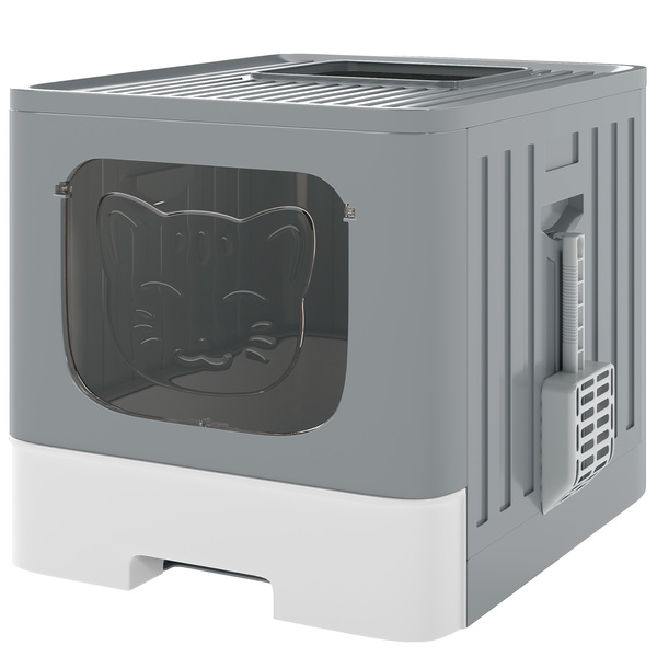 PawHut Foldable Cat Litter Box with Lid, Slide-Out Drawer, Scoop, Easy Clean, Odour Control, Anti-Splashing, Grey