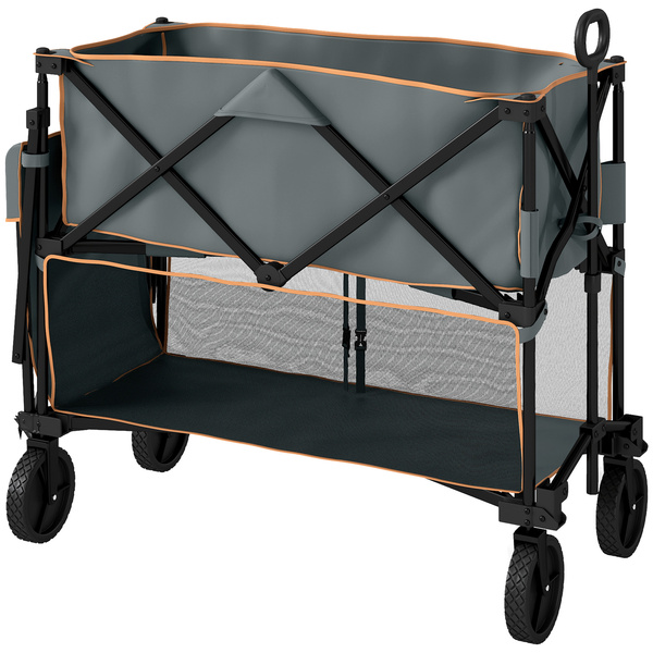 Outsunny Double Decker Folding Festival Trolley on Wheels, 200KG & 350L Capacity Collapsible Wagon Festival Trolley Cart with 134cm Extended for Camping Sports Shopping Garden and Beach, Grey