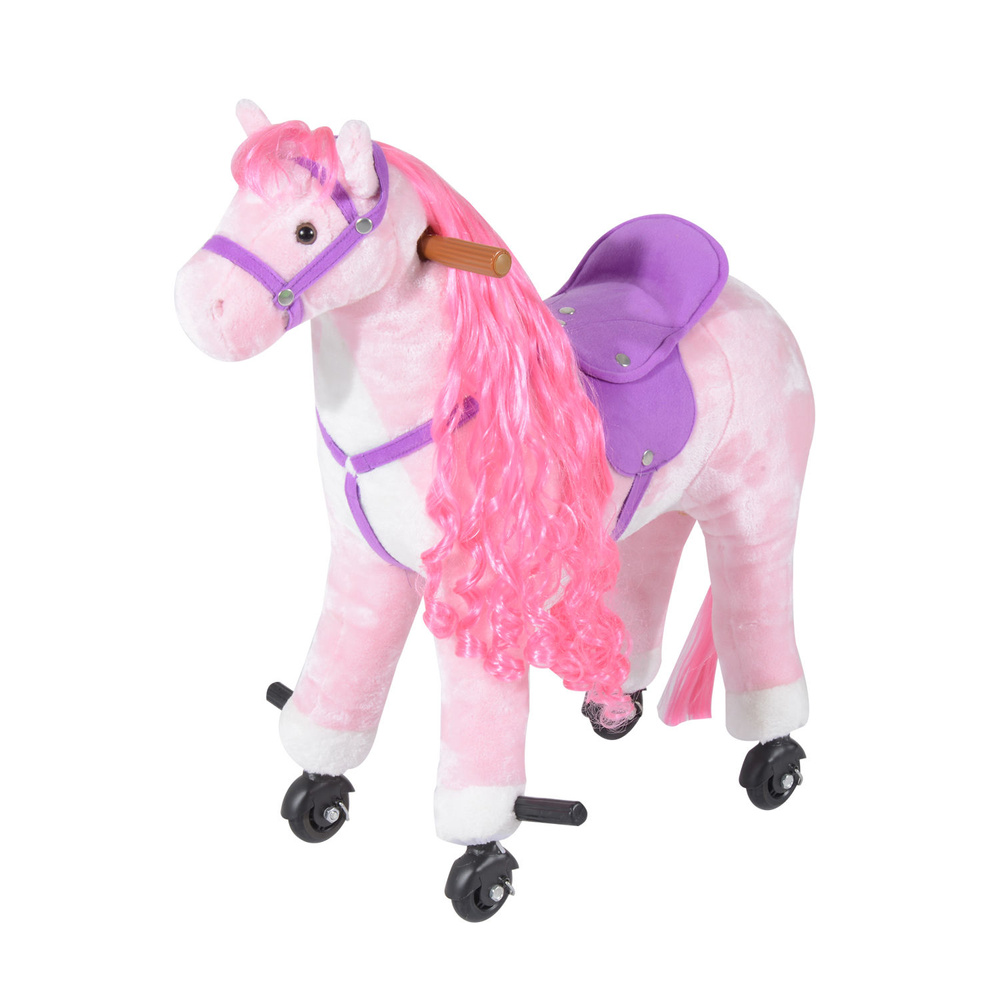 HOMCOM Plush Walking Horse Ride On Toy with Wheels and Realistic Sounds Rocking Horse for Girls Boys 2+ Years Old, 50cm Tall, Pink