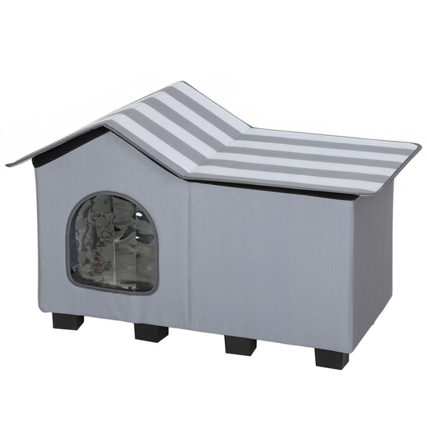 PawHut Outdoor Cat House, Weather Resistant Feral Cat Cave with Elevated Base and Cushion for Winter, Grey