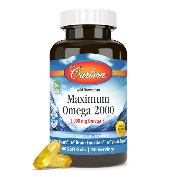 Carlson Labs Maximum Omega 2000 High Potency Omega 3 for Heart Brain and Vision Health 60 Softgels