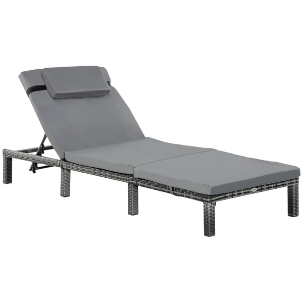 Outsunny Rattan Sun Lounger, 5-Level Adjustable Garden Lounger Recliner with Cushion and Headrest, Outdoor Reclining Sunbed, Steel Frame Garden Chair for Patio, Beach, Terrace, Dark Grey