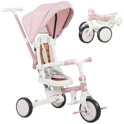 AIYAPLAY 5 in 1 Kids Trike with Adjustable Backrest, Toddler Tricycle with Push Handlebar, Adjustable Backrest, Pink