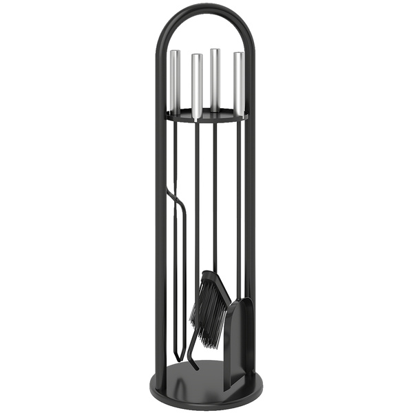 Outsunny 5 Pieces Fireplace Tools Set, Metal Fireplace Accessories Fireside Companion Set with Broom, Shovel, Poker and Bucket, Silver