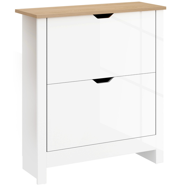 HOMCOM Slim Shoe Cabinet, Narrow Shoe Cupboard with 2 Flip Drawers, Adjustable Shelves for 12 Pairs of Shoes, High Gloss White