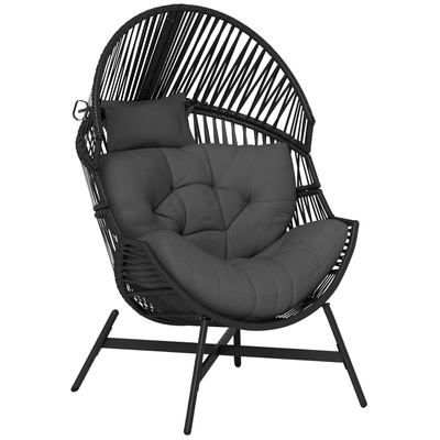 Outsunny Rattan Egg Chair, Oversized Freestanding Garden Egg Chair with Thick Tufted Cushion, Headrest, Steel Frame for Indoor and Outdoor Use, Charcoal Grey