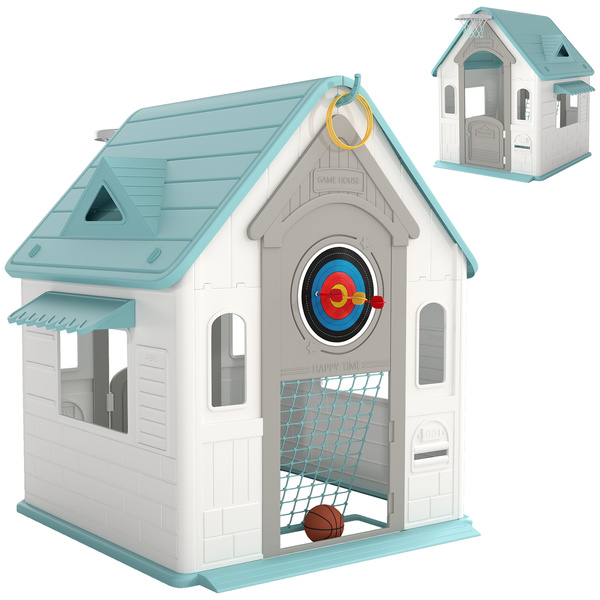 AIYAPLAY 5-in-1 Playhouse for Kids Outdoor Indoor with Basketball Hoop, Football Goal, Dartboard, Ring Toss for 2-5 Years, Beige