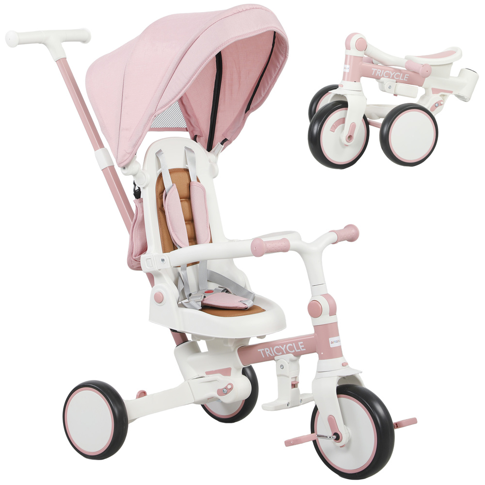 AIYAPLAY 5 in 1 Kids Trike with Adjustable Backrest, Toddler Tricycle with Push Handlebar, Adjustable Backrest, Pink